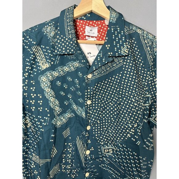 NWT PS PAUL SMITH Mens M Short Sleeve Blue Printed Vacation Button-Down Shirt - Picture 3 of 8